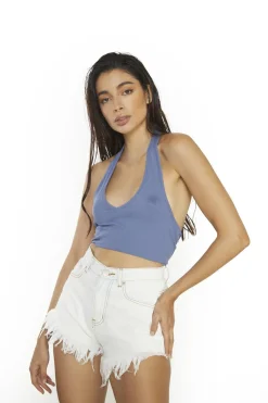 Glamorous Crops, Corsets & Bodysuits|Moonlight Blue Ribbed Halter Neck Crop-Top -