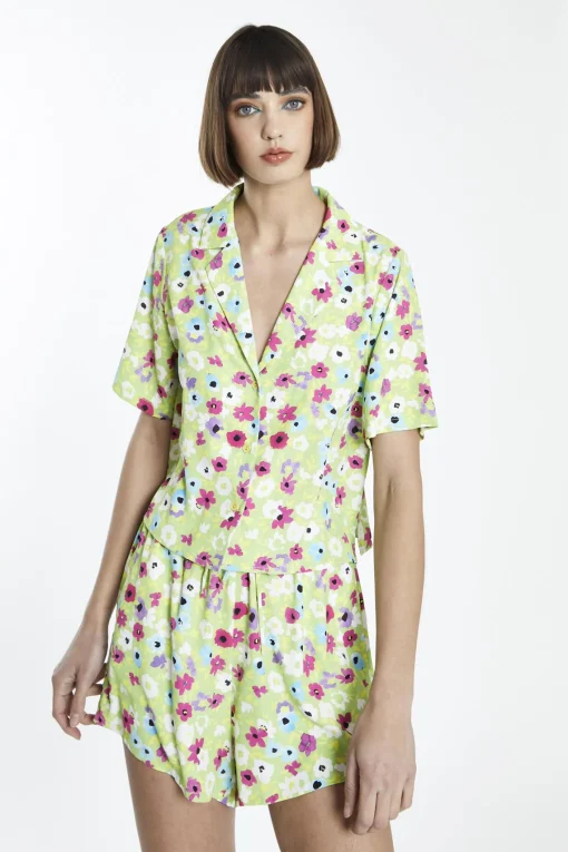 Glamorous Blouses & Shirts|Multi Green Floral Button Front Crop-Shirt -