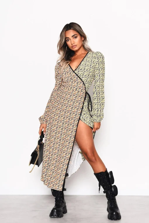 Glamorous Day Dresses|Midi & Midaxi Dresses|Multi Orange-Yellow Ditsy Wrap Midi-Dress -