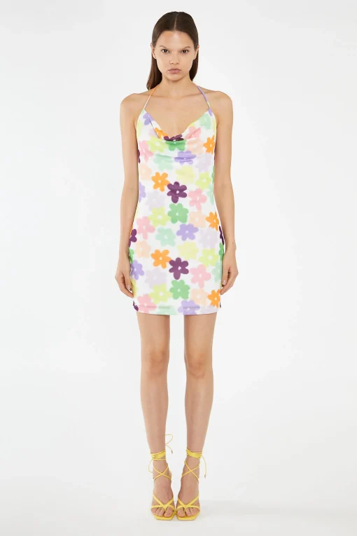 Glamorous Day Dresses|Mini Dresses|Multi-Flower Mesh Cowl Halterneck Mini-Dress -