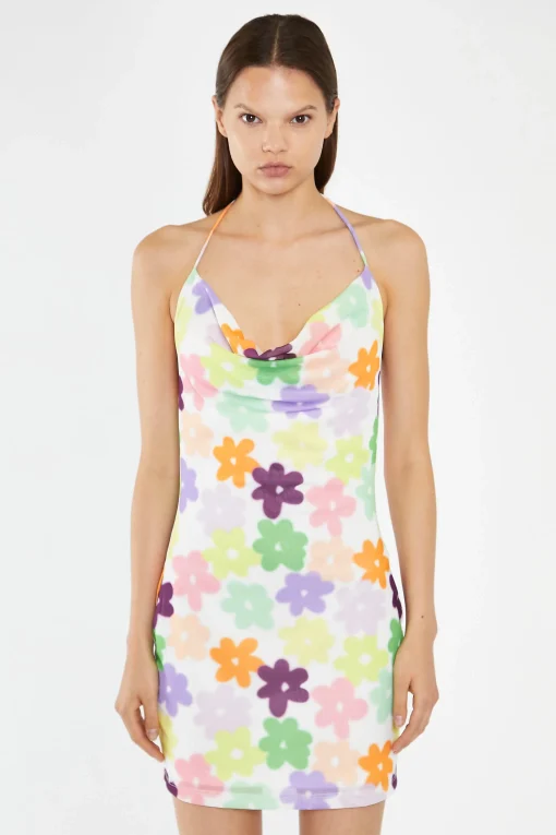 Glamorous Day Dresses|Mini Dresses|Multi-Flower Mesh Cowl Halterneck Mini-Dress -