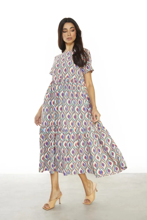 Glamorous Midi & Midaxi Dresses|Midi & Midaxi Dresses|Multi-Geo-Swirl Round-Neck-Loose Midi-Dress -