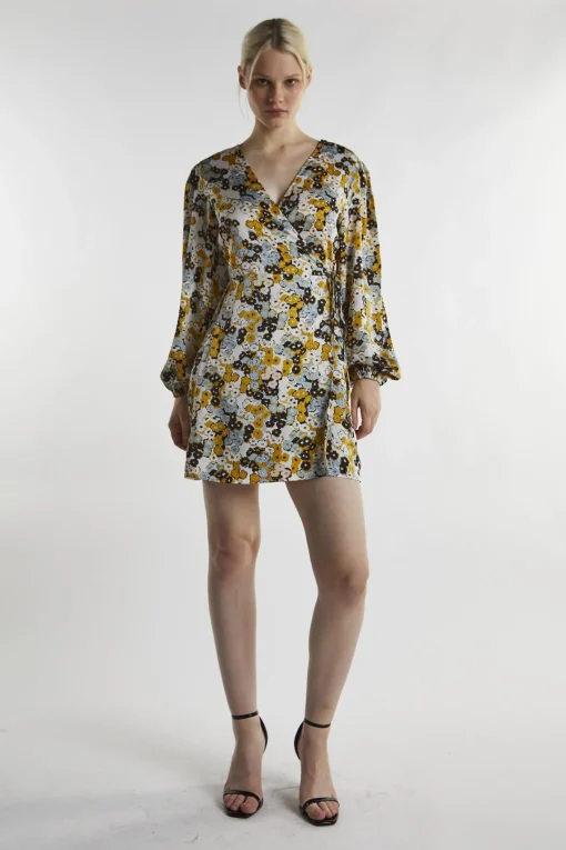 Glamorous Day Dresses|Mini Dresses|Mustard-Floral Wrap Mini-Dress -