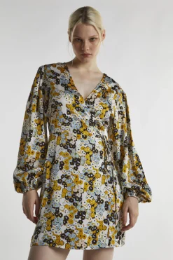 Glamorous Day Dresses|Mini Dresses|Mustard-Floral Wrap Mini-Dress -