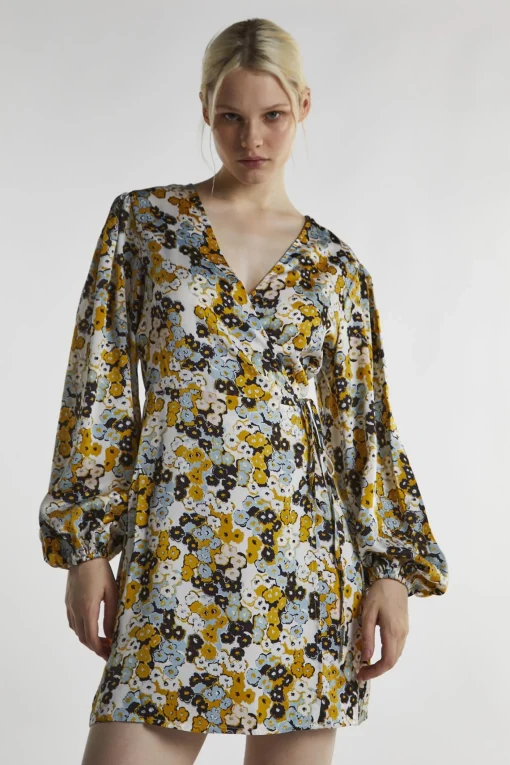 Glamorous Day Dresses|Mini Dresses|Mustard-Floral Wrap Mini-Dress -