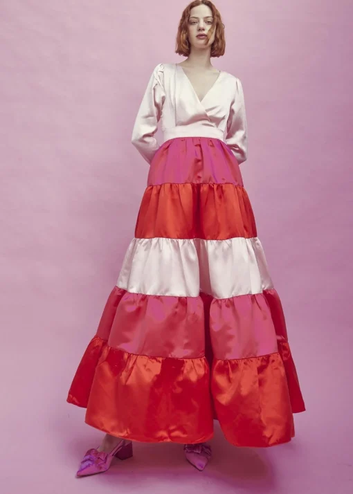 Glamorous Bottoms|Midi & Midaxi Skirts|Nancy Gathered Tiered Midi Skirt -Pink-Red -