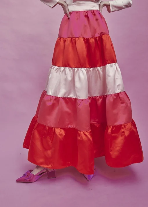 Glamorous Bottoms|Midi & Midaxi Skirts|Nancy Gathered Tiered Midi Skirt -Pink-Red -
