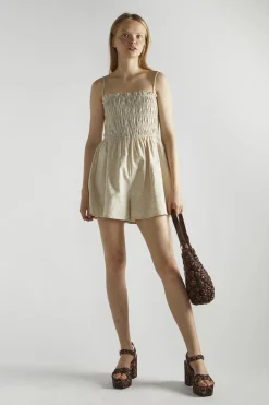 Glamorous Playsuits|Natural Shirred Spaghetti Strap Playsuit -