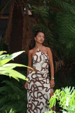 Glamorous Dresses|Day Dresses|Natural-Brown-Swirl Split-Leg Maxi-Dress -