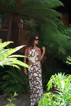 Glamorous Dresses|Day Dresses|Natural-Brown-Swirl Split-Leg Maxi-Dress -