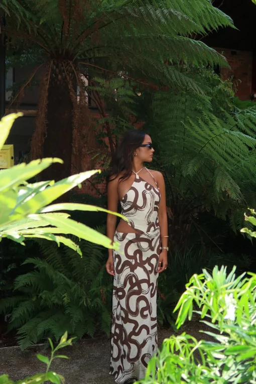 Glamorous Dresses|Day Dresses|Natural-Brown-Swirl Split-Leg Maxi-Dress -