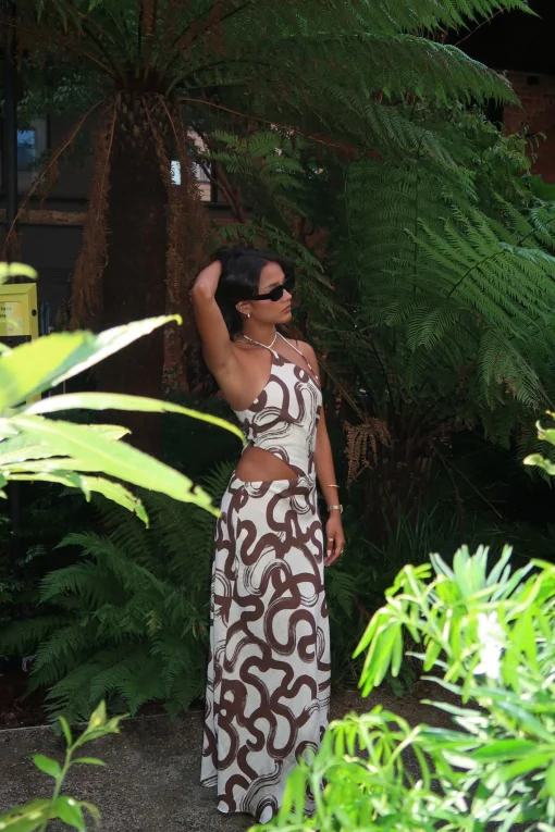 Glamorous Dresses|Day Dresses|Natural-Brown-Swirl Split-Leg Maxi-Dress -