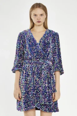 Glamorous Sequin Dresses|Party Dresses|Navy Multi-Sequin Wrap Mini-Dress -