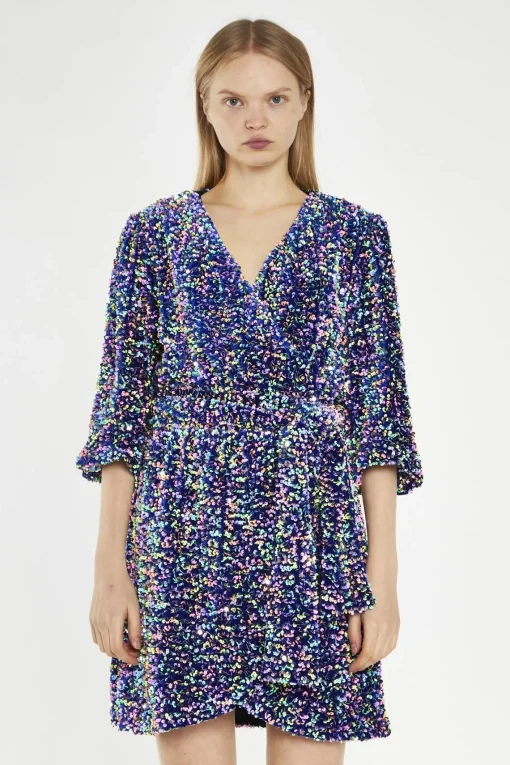 Glamorous Sequin Dresses|Party Dresses|Navy Multi-Sequin Wrap Mini-Dress -
