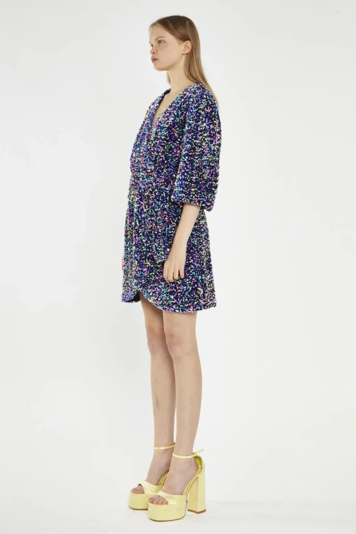Glamorous Sequin Dresses|Party Dresses|Navy Multi-Sequin Wrap Mini-Dress -