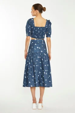 Glamorous Chic Escapes|Midi & Midaxi Skirts|Navy Scattered Flower Midi Skirt -