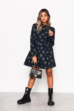 Glamorous Day Dresses|Mini Dresses|Navy-Bouquet Long Sleeve Mini-Dress -