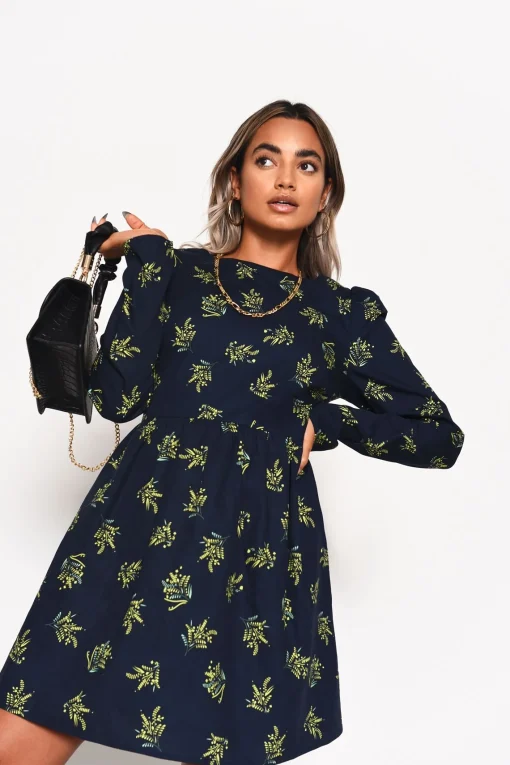 Glamorous Day Dresses|Mini Dresses|Navy-Bouquet Long Sleeve Mini-Dress -