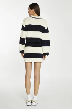 Glamorous Co-ords|Knitted Co-ords|Navy-Cream Stripe Collared Jumper -