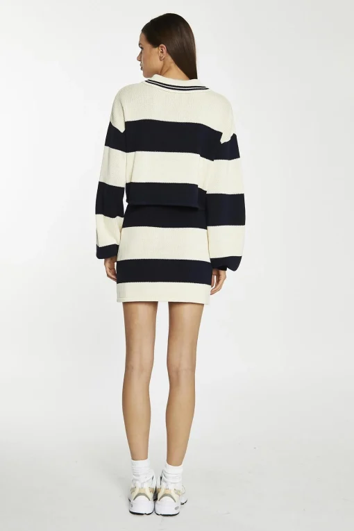 Glamorous Co-ords|Knitted Co-ords|Navy-Cream Stripe Collared Jumper -