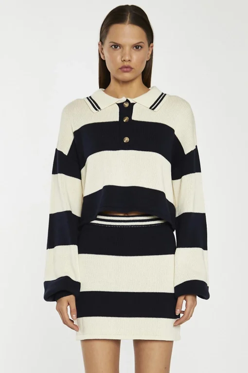 Glamorous Co-ords|Knitted Co-ords|Navy-Cream Stripe Collared Jumper -