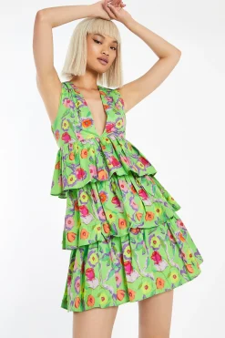 Glamorous Best Dressed Guest|Day Dresses|Neon Green Floral Plunge-Top Tiered-Skirt Mini-Dress -