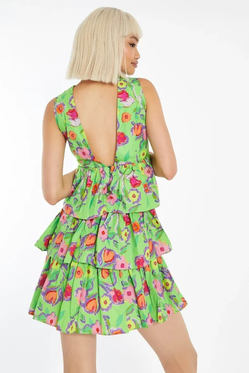 Glamorous Best Dressed Guest|Day Dresses|Neon Green Floral Plunge-Top Tiered-Skirt Mini-Dress -