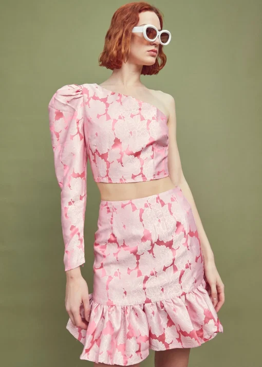 Glamorous Going Out Skirts|Go To Partywear|Neon Pink Jacquard Mini Frill Skirt -