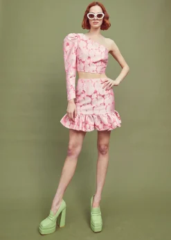 Glamorous Going Out Skirts|Go To Partywear|Neon Pink Jacquard Mini Frill Skirt -