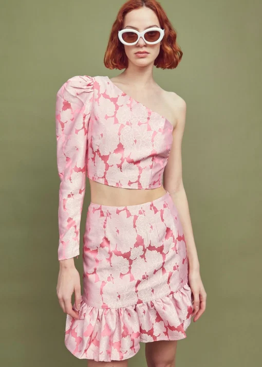 Glamorous Going Out Skirts|Go To Partywear|Neon Pink Jacquard Mini Frill Skirt -