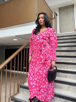 Glamorous Maxi Dresses|Maxi Dresses|Neon Pink-Lilac Leopard Wrap-Tie Maxi-Dress -