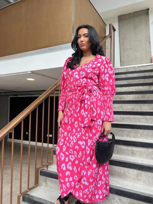 Glamorous Maxi Dresses|Maxi Dresses|Neon Pink-Lilac Leopard Wrap-Tie Maxi-Dress -