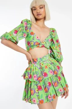 Glamorous Best Dressed Guest|Co-ords|Neon-Green Floral Tiered Ruffle Mini-Skirt -