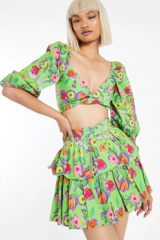 Glamorous Best Dressed Guest|Co-ords|Neon-Green Floral Tiered Ruffle Mini-Skirt -