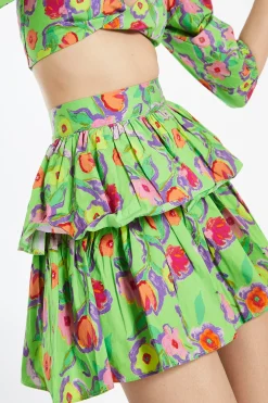 Glamorous Best Dressed Guest|Co-ords|Neon-Green Floral Tiered Ruffle Mini-Skirt -