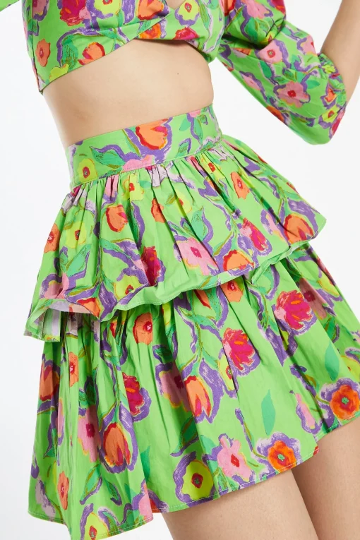 Glamorous Best Dressed Guest|Co-ords|Neon-Green Floral Tiered Ruffle Mini-Skirt -