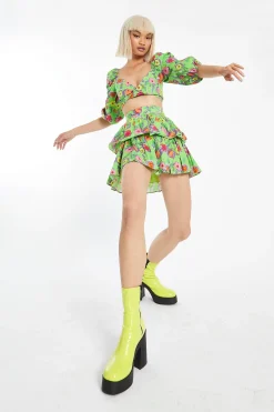 Glamorous Best Dressed Guest|Co-ords|Neon-Green Floral Tiered Ruffle Mini-Skirt -