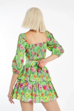 Glamorous Best Dressed Guest|Co-ords|Neon-Green Floral Tiered Ruffle Mini-Skirt -
