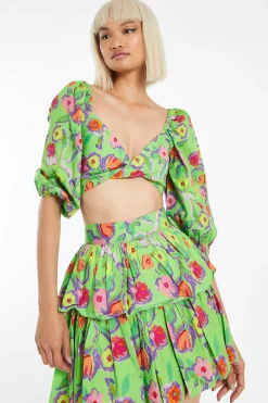 Glamorous Best Dressed Guest|Going Out Tops|Neon-Green Floral Twist Front Puff Sleeve Crop-Top -