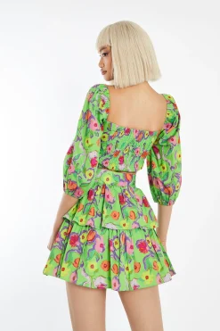 Glamorous Best Dressed Guest|Going Out Tops|Neon-Green Floral Twist Front Puff Sleeve Crop-Top -