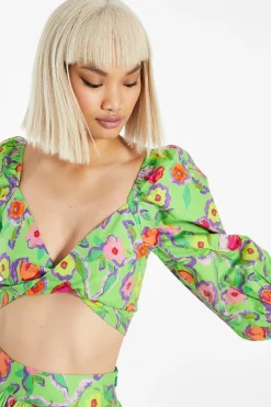 Glamorous Best Dressed Guest|Going Out Tops|Neon-Green Floral Twist Front Puff Sleeve Crop-Top -