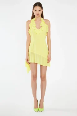 Glamorous Day Dresses|Mini Dresses|Neon-Yellow Ruffle Halterneck Mini-Dress -