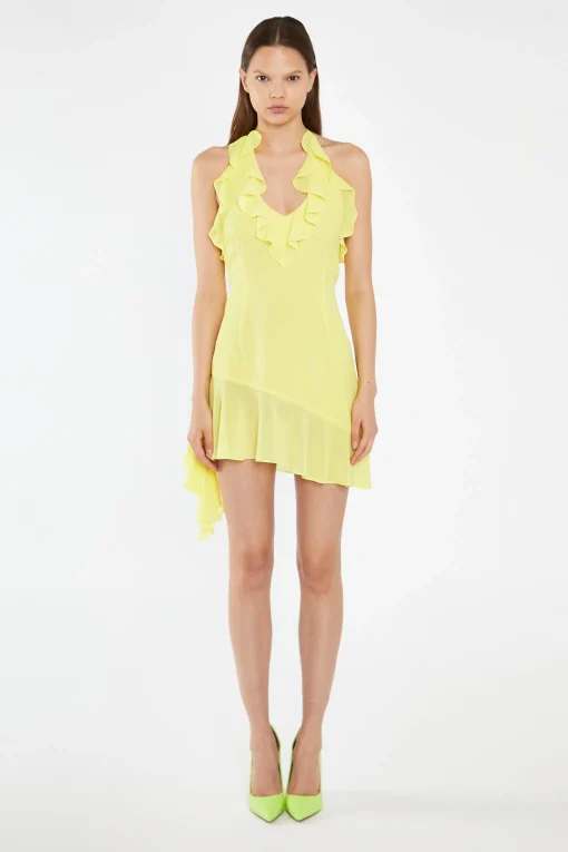 Glamorous Day Dresses|Mini Dresses|Neon-Yellow Ruffle Halterneck Mini-Dress -