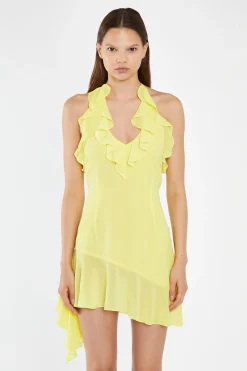Glamorous Day Dresses|Mini Dresses|Neon-Yellow Ruffle Halterneck Mini-Dress -