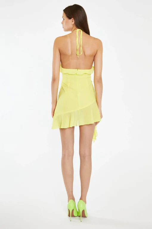 Glamorous Day Dresses|Mini Dresses|Neon-Yellow Ruffle Halterneck Mini-Dress -