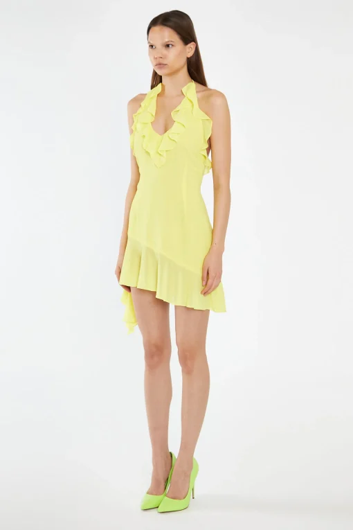 Glamorous Day Dresses|Mini Dresses|Neon-Yellow Ruffle Halterneck Mini-Dress -