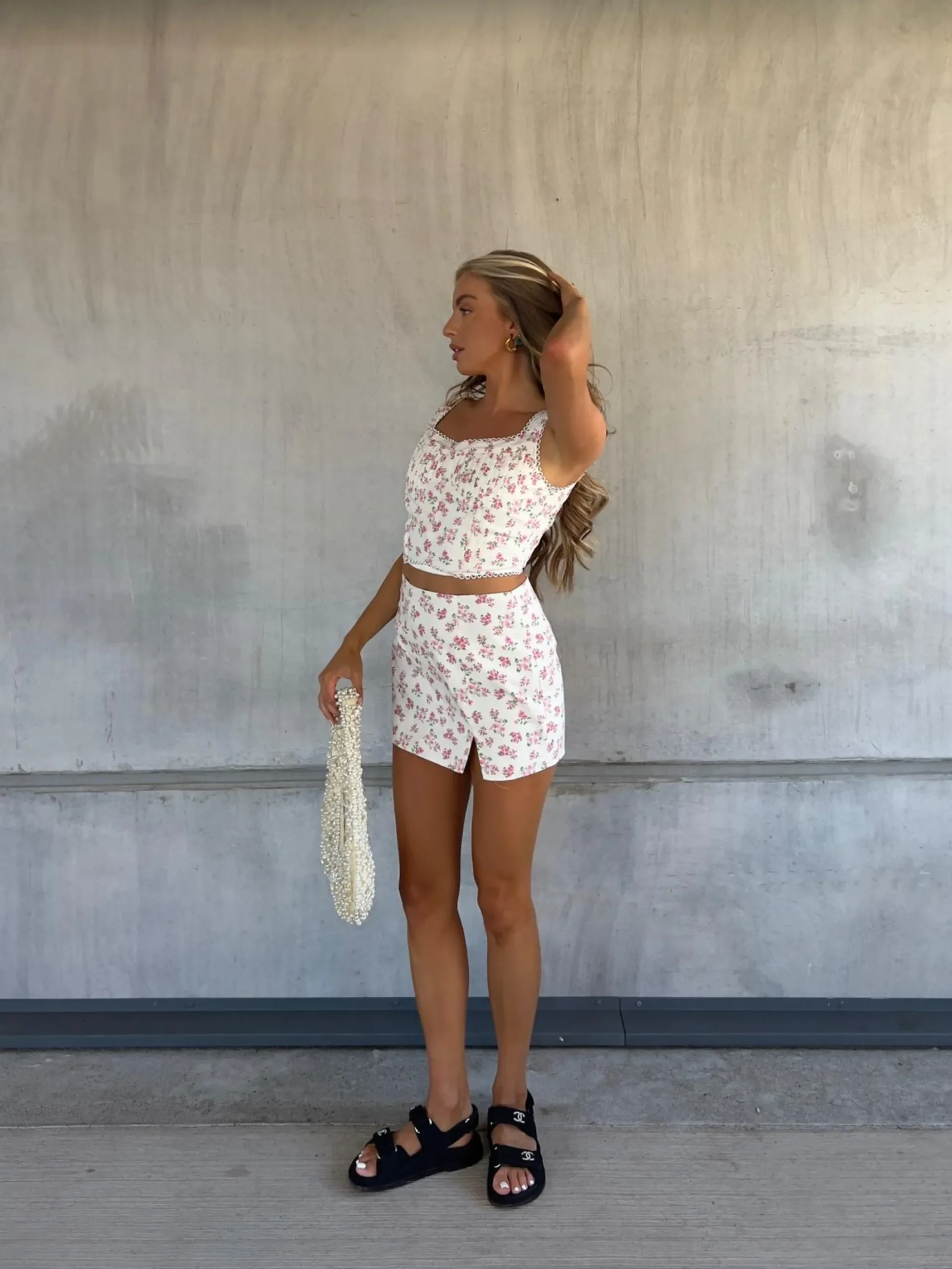 Glamorous Tops|Co-ords|Nola Co-ord Corset Crop Top with Lace Trim -Cream Pink Bouquet -