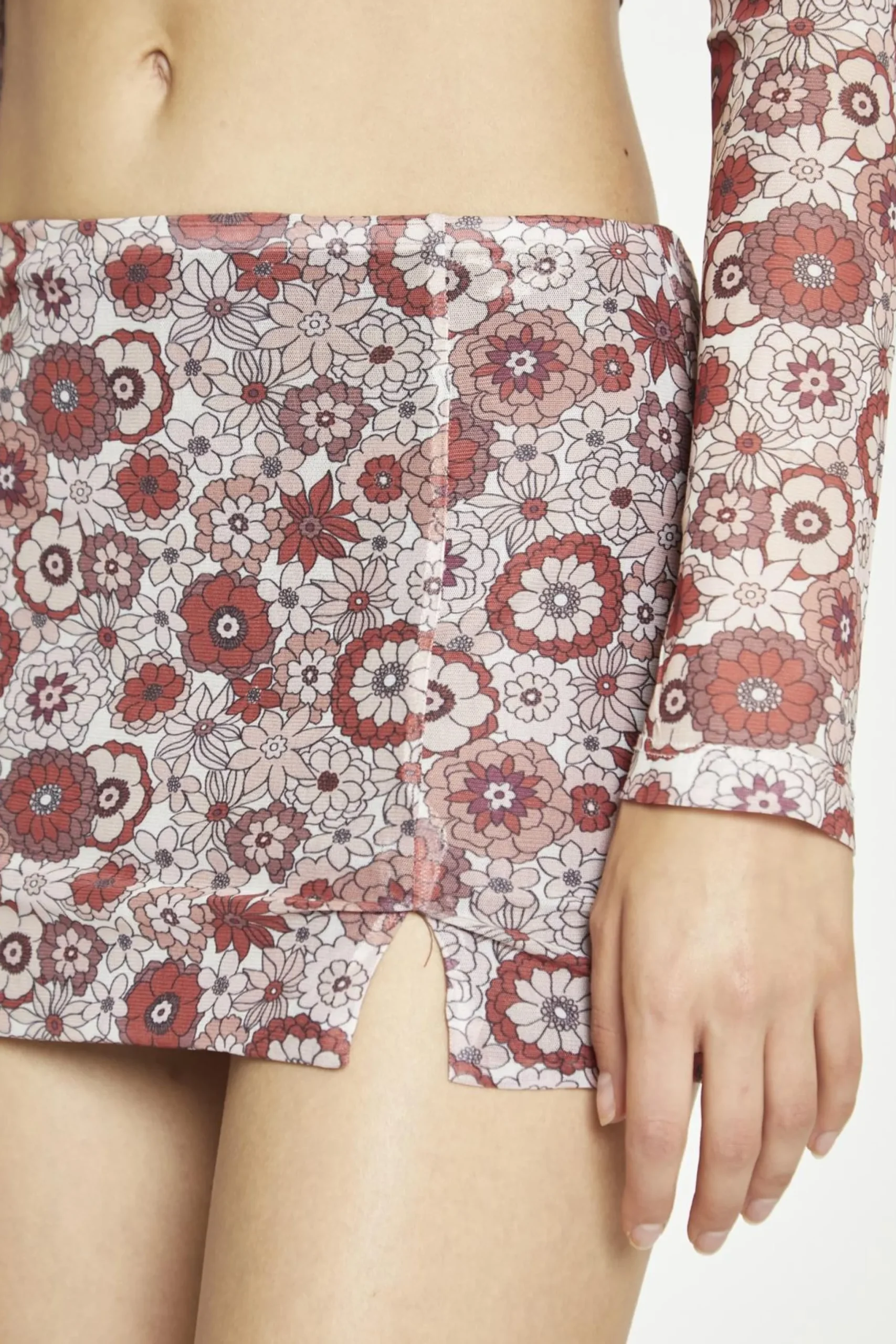 Glamorous Mini Skirts|Nude Brown Vintage Floral Split Mini-Skirt -