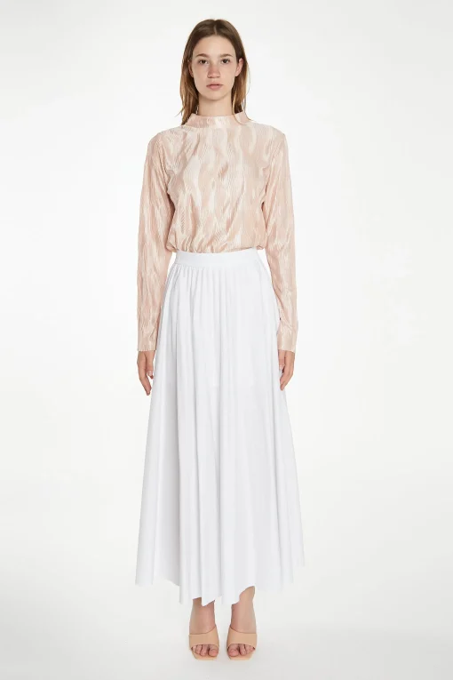 Glamorous Best Dressed Guest|Tops & T-shirts|Nude Plisse Long-Sleeve High-Neck Top -