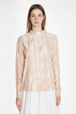 Glamorous Best Dressed Guest|Tops & T-shirts|Nude Plisse Long-Sleeve High-Neck Top -
